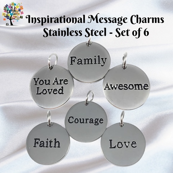 Dragonfly Spirit Designs Jewelry - Inspirational Message Word Charms Stainless Steel Set of 6